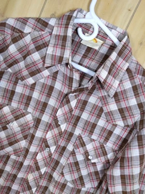 VTG Saturdays In California Mens L Pearl Snap Western Shirt Brown Red Metallic - Image 1 of 4