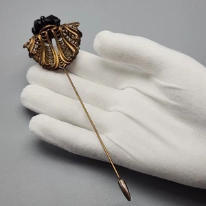 Antique Victorian Black Beaded Hatpin Filigree Early Plastic Stick Hat Pin Brass - Picture 1 of 15