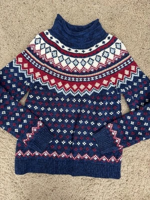 Suéter feminino Lands’ End azul vermelho padrão ilha justa P (6-8) pulôver de lã algodão - Imagem 1 de 4