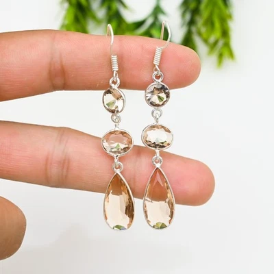 Morganite Gemstone 925 Sterling Silver Handmade Jewelry Earring Gift For Her - Image 1 of 4