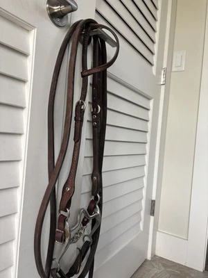 Circle Y Sliding One Ear Western Horse Bridle W/ Curb Bit & Weighted Split Reins - Image 1 of 4