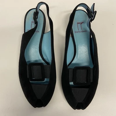 Sandalia de tacón Thierry Rabotin negra de gamuza punta abierta con cuña para mujer EE. UU. 6 Foto 1 de 4