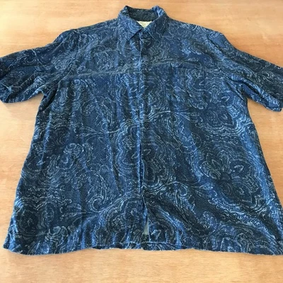 Tasso Elba Hawaiian Shirt Men L Blue Paisley Button Up Silk Linen Pocket - Image 1 of 4
