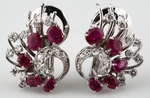 14K WHITE GOLD RUBY AND DIAMOND CLIP-ON EARRINGS *BEAUTIFUL PIGEON BLOOD COLOR** - Picture 1 of 3
