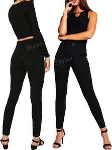 WOMEN SKINNY TROUSERS OFFICE WORK DAY SLIM SMART GIRLS BLACK SCHOOL TROUSERS - Picture 1 of 4