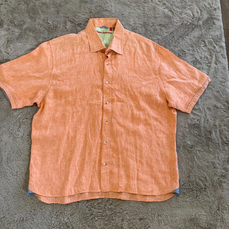 Report Collection Men Linen Shirt XXL Orange Short Sleeve Button-Up Modern Beach - Image 1 of 4