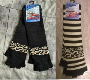 WEIHNACHTSAUFLÖSUNG 2 x Damen lange schwarz beige fingerlose Print Leopard Magic Handschuhe - Bild 1 von 2