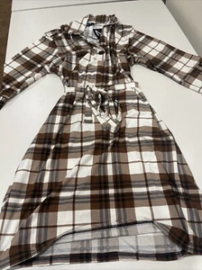 Mlle Gabrielle Long Sleeve Brown Plaid Shirtdress Brown 2XL - Picture 1 of 3