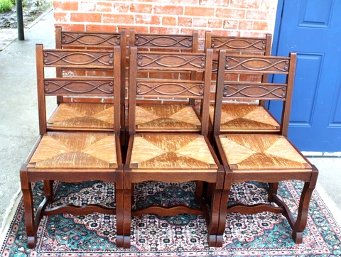 Set of  6 French Country Antique Oak Rush Seat Dining Room Chairs Cover