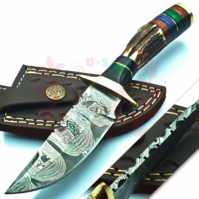 CUCHILLO DE CAZA DE ACERO DAMASCO FORJADO A MANO PERSONALIZADO 8" CON MANGO DE CIERVO PROTECTOR DE LATÓN Foto 1 de 4