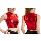 Women Faux Leather Shiny Metallic Wetlook Crop Top Vest Tank Top Dance Clubwear