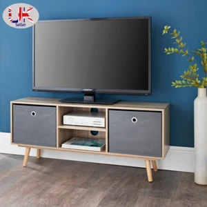 Oak TV Unit with 3 Shelves Grey Fabric 2 Non woven Baskets Drawers Boxes Cabinet - Picture 1 of 8