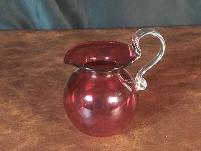 Bristol Ruby Red Art Glass Pitcher with Clear Handle – 19th Century Miniature - Image 1 of 4