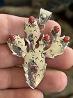 NATIVE AMERICAN STERLING SILVER 2 1/2 CORAL PRICKLY Cactus PENDANT NECKLACE .925