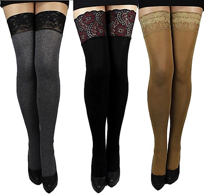 Sehr warme halterlose Strick-Strümpfe 200 den blickdicht weich für Winter S-XXXL - Bild 1 von 4