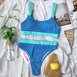 Costume S bagno donna celeste azzurro bikini cotone lycra con slip a vita alta - Picture 1 of 5