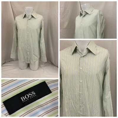 Camisa de vestir Hugo Boss 17 34 azul verde a rayas algodón usada en excelente estado ygi t1-245 Foto 1 de 4