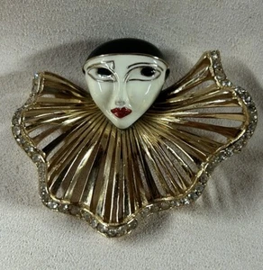 Broche Grande Pierrot Esmalte Tono Dorado Firmado De Colección CINER Hallazgo RARO - Imagen 1 de 8