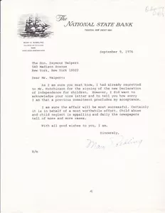 1° DONNA PRESIDENTE DI UNA BANCA DEGLI STATI UNITI MARY ROEBLING 1976 LETTERA DATTILOSCRITTA FIRMATA - Foto 1 di 1