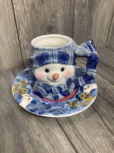 3D Keramik Schneemann Kaffeetasse & Untertasse Weihnachten Frosty Schnee Schal Griff blau - Bild 1 von 11