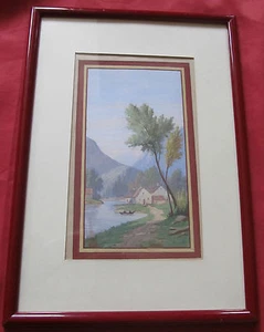 Beautiful Gouache " Village Animated Meadow Of Lake Of Mountain " - Picture 1 of 1