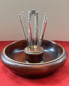 VINTAGE MCM DARK WOODEN NUT BOWL W’ SILVER TONE NUTCRACKER & 6 PICKS EUC - Picture 1 of 10