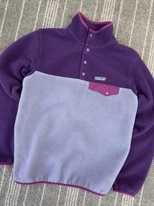PATAGONIA Sweater Woman's Small Purple Synchilla T Snaps Fleece Colour Block - Picture 1 of 12