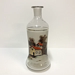 Botella de licor jarra de vidrio transparente pintada a mano de colección años 20 casa árboles paisaje - Imagen 1 de 12