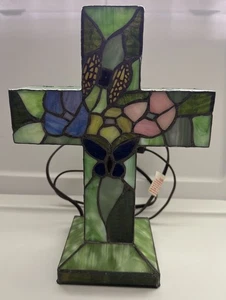 Tiffany Style Stained Glass Lighted Cross Table Lamp Night Lamp Religious Floral - Picture 1 of 8