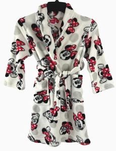 Girl's Disney Minnie Mouse White Robe w/Tie Soft Fleece, Blk/Red/Gray Dots, Sz 6 - Picture 1 of 9