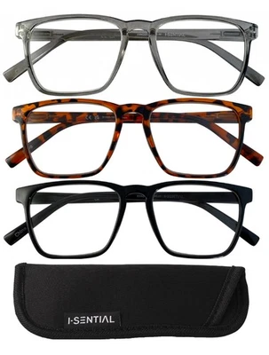 I-SENTIAL Reading Glasses Large Lens Square Frame & Case Retro Mens Womens UK
