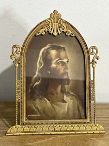 Vintage Small Religious Jesus Litho/print In An Ornate Brass Frame - Picture 1 of 9