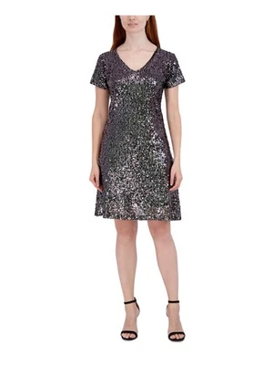 SIGNATURE BY ROBBIE BEE Womens Black Lined Short Sleeve Sheath Dress Petites PS - Image 1 of 4