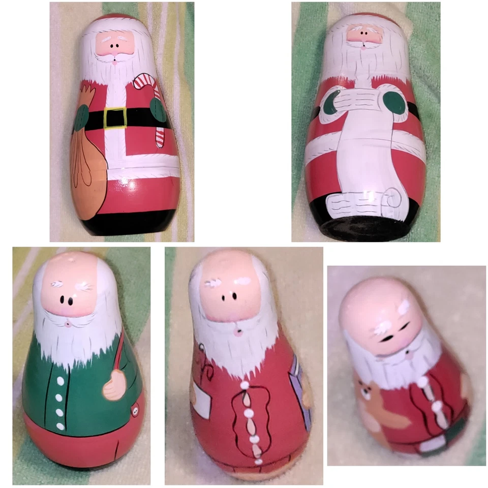 Good Size 5 Wooden Hand Painted Santa Claus Nesting Dolls  - Immagine 1 di 1