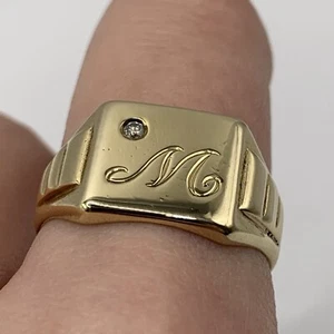 M Initial Diamond Signet Ring 9ct 9k Yellow Gold - Size R 1/2 - Picture 1 of 9