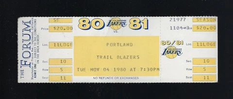 MAGIC JOHNSON TRIPLE DOUBLE - 1980 BLAZERS @ LAKERS FULL NBA BASKETBALL TICKET Cover