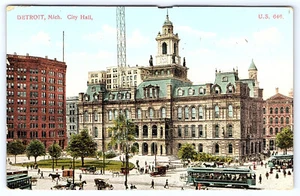 Detroit Michigan City Hall Railway Trolleys Postcard D280 - Picture 1 of 2