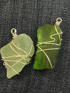 2 GREEN  Sea glass pebble/chunk jewelry handmade Pendants Necklace Smoke Free - Picture 1 of 6