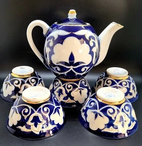 Tetera y cuencos florales de porcelana rusa Uzbekistán de 7 piezas azul cobalto y dorado - Imagen 1 de 12
