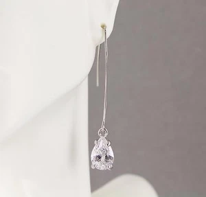 Silver earrings CZ faceted teardrop dangle earrings lightweight 2" long - Picture 1 of 7