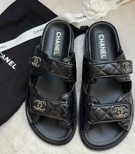 NEW CHANEL 24P Black Lambskin Dad Sandals Slides G45507 Size 38 EU - Picture 1 of 5