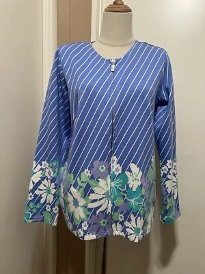 Bob Mackie Diagonal Stripe Multi-Floral Ponte Knit Jacket BLUE Size Small Zip Up - Image 1 of 4