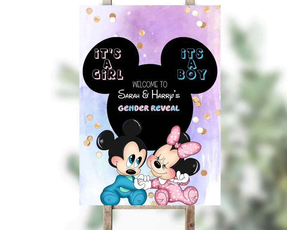 Letrero de bienvenida personalizado Mickey Gender Reveal - Letrero de decoración de fiesta rosa azul Foto 1 de 1