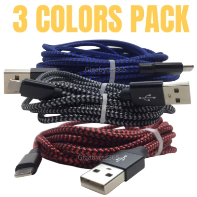 Paquete de 3 cables de datos de carga rápida de carga rápida de 10 pies para iPhone 11 XR cable USB de alta resistencia Foto 1 de 4