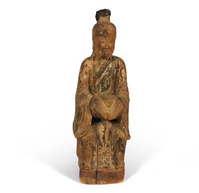 OLD ANTIQUE SEATED BODHISATTVA CARVING CARVED WOOD SCULPTURE JAPANESE OR CHINESE - Image 1 of 4