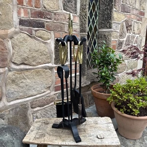 Black Metal Fireside Set Gold Companion Tongs BROKEN Shovel Brush Poker Heavy - Picture 1 of 13