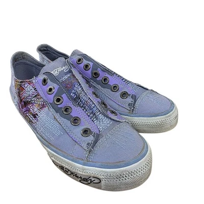 Ed Hardy Womens 8 Shoes Sneaker Tattoo Skull Dagger Snake Purple Death Y2K Lace - Image 1 of 4