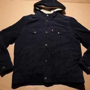 Levi's Hooded Corduroy Coat Men's Large Sherpa Lined Navy Blue Trucker Jacket - Picture 1 of 15