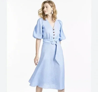 Vestido midi SACHIN + BABI Kelsey para mujer 8 azul puff Slv 100 % lino botón modesto Foto 1 de 4