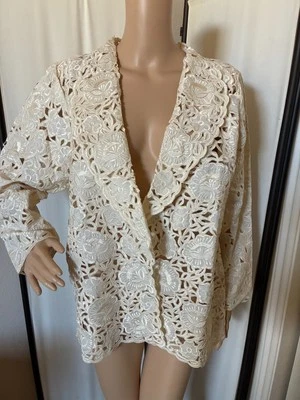 vtg Caro of Honolulu ivory large floral eyelet embroidered jacket L - Image 1 of 4